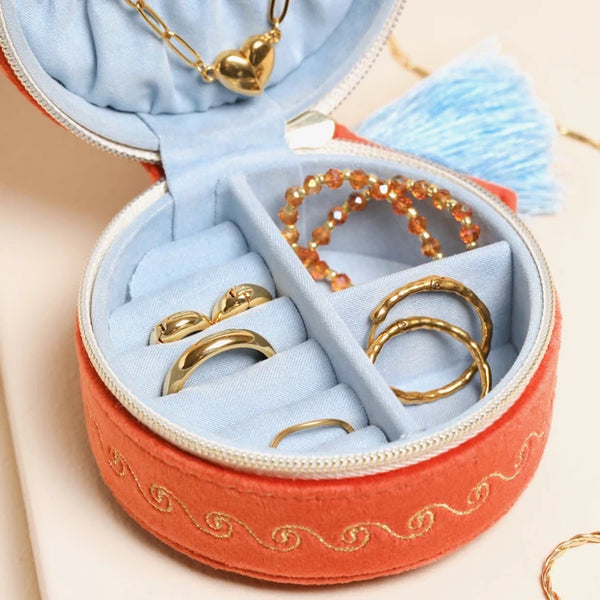 Rust Celestial Velvet Mini Round Travel Jewellery Case