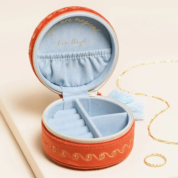 Rust Celestial Velvet Mini Round Travel Jewellery Case