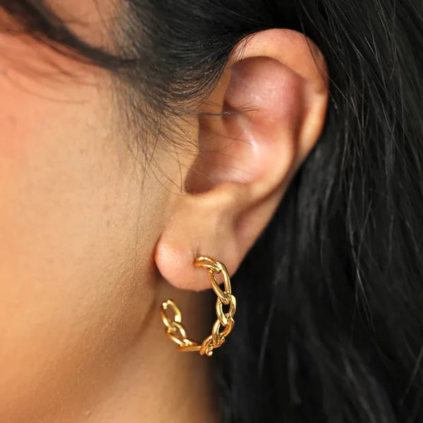 Gold Stainless Steel Chain Link Huggie Hoop Earrings