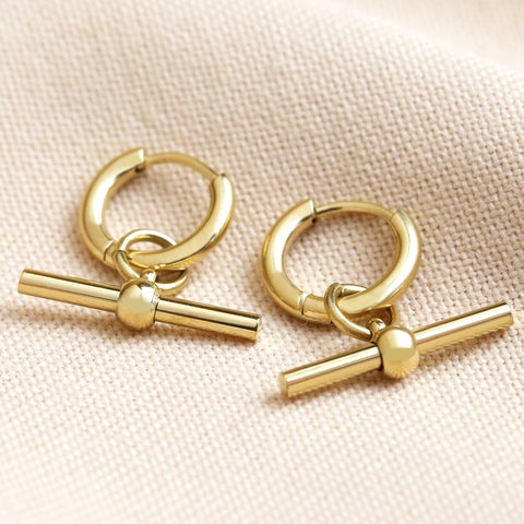 Stainless Steel T-Bar Huggie Hoop Earrings in Gold