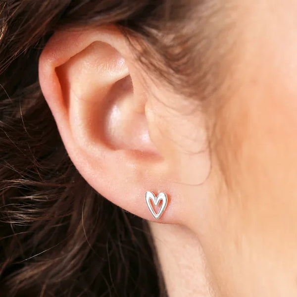 Sterling Silver Heart Outline Stud Earrings in Silver