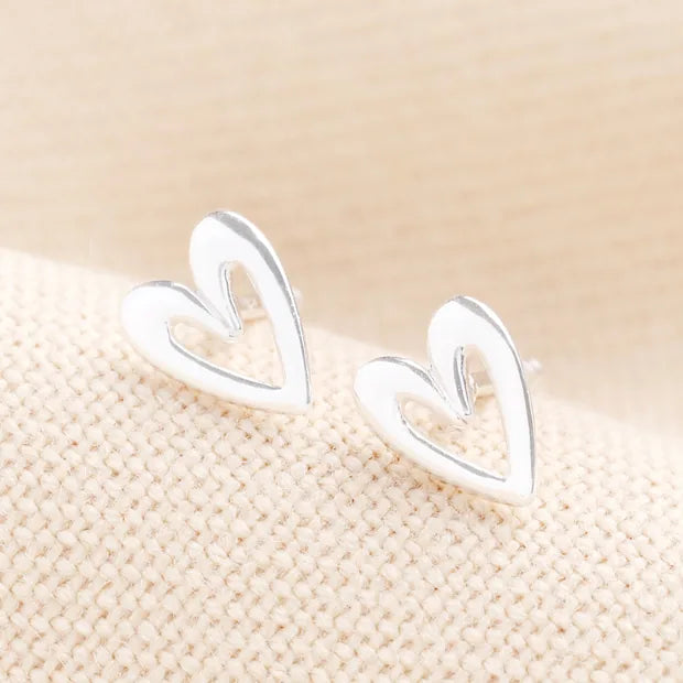 Sterling Silver Heart Outline Stud Earrings in Silver