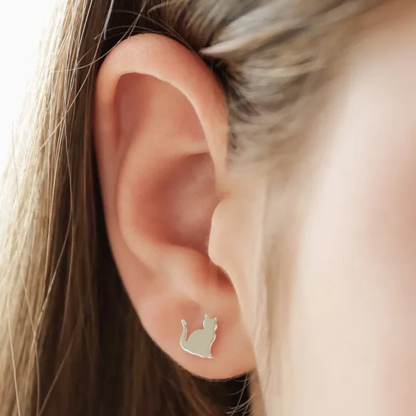 Silver Shiny Cat Stud Earrings