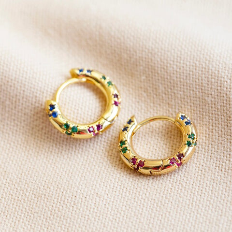 Thick Rainbow Crystal Huggie Hoop Earrings in Gold