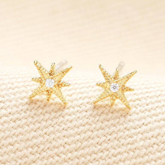 Tiny Crystal Centre Star Stud Earrings in Gold