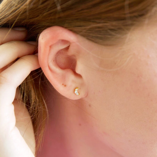 Tiny Crystal Moon Stud Earrings in Gold