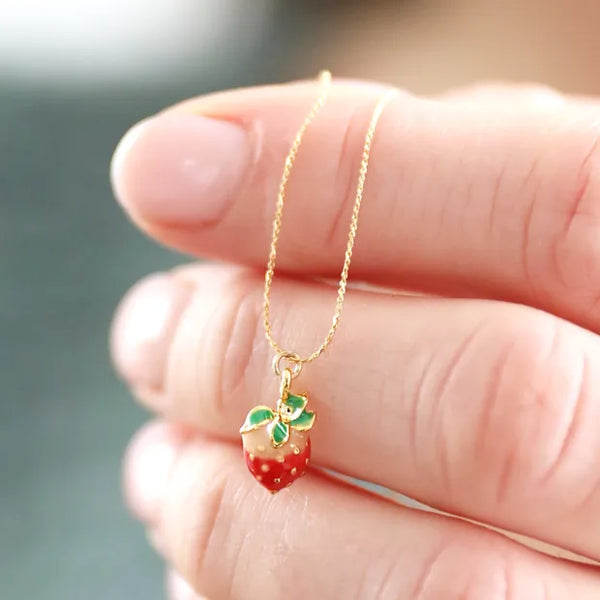 Enamel Strawberry Pendant Necklace in Gold