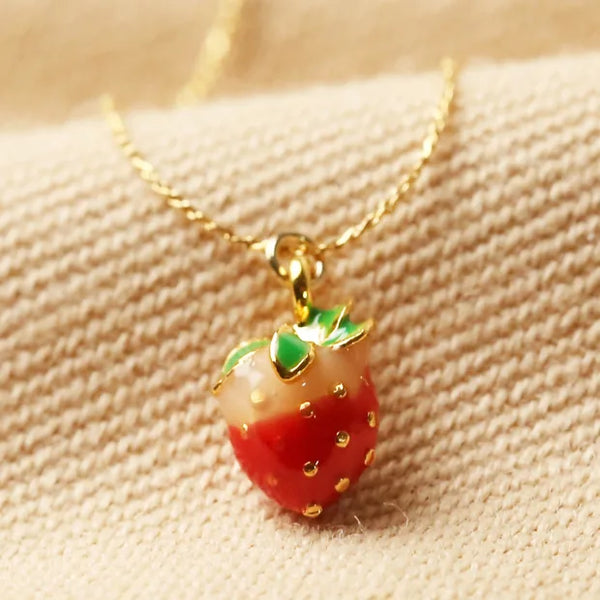 Enamel Strawberry Pendant Necklace in Gold