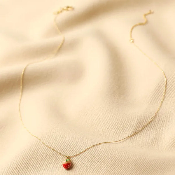 Enamel Strawberry Pendant Necklace in Gold