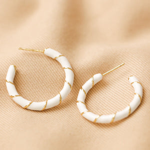 White Enamel Rope Hoop Earrings in Gold
