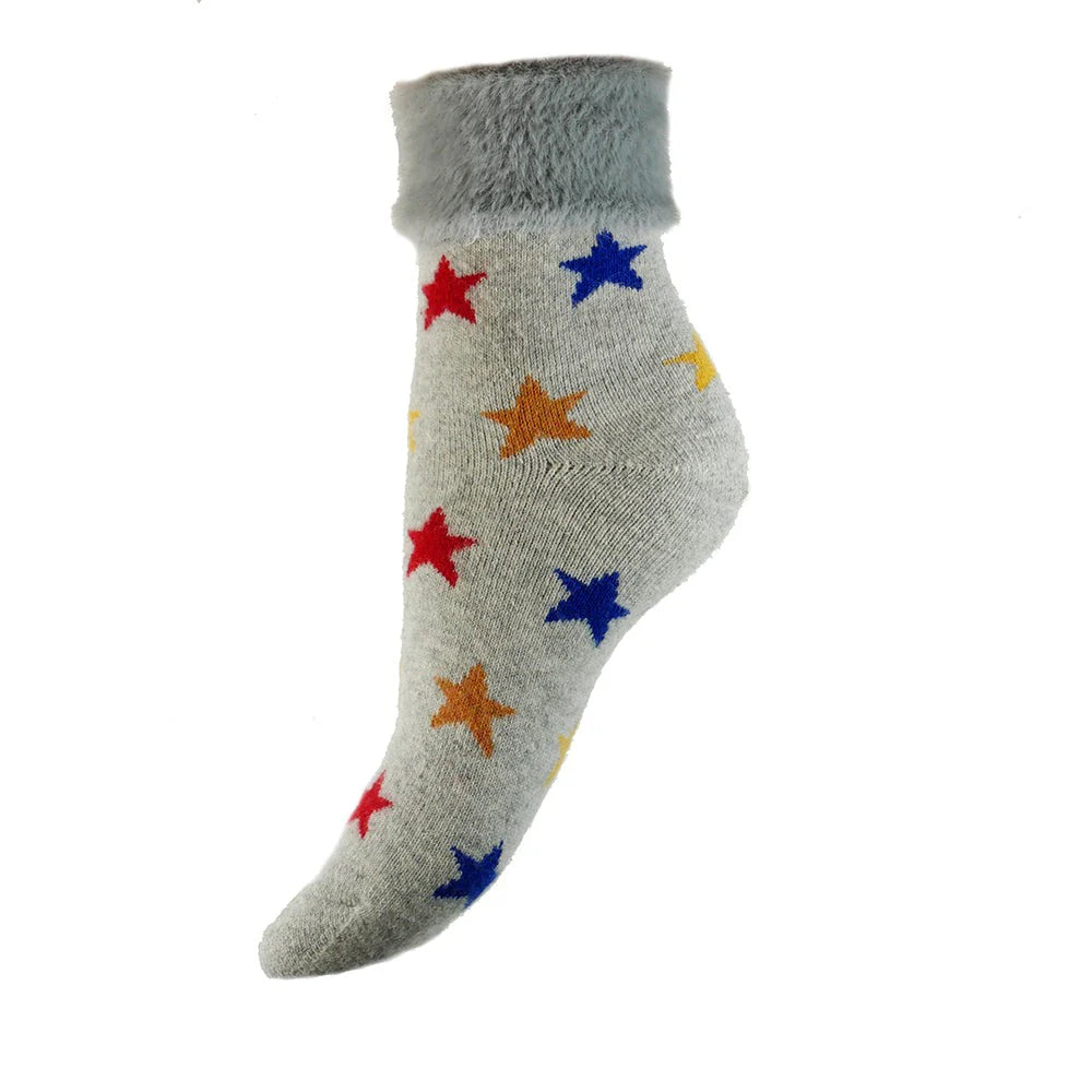 Multi Coloured Star Cuff Socks with Faux Fur Cuff