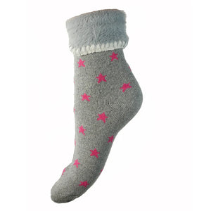 Grey Cuff Socks with Pink Stars & Faux Fur Cuff