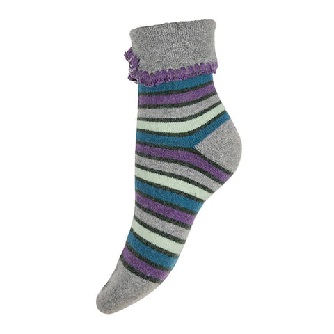 Grey Cuff Socks with Green & Purple Stripes