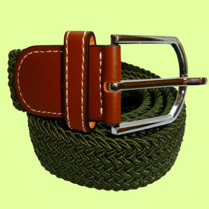 Plain Elasticated Woven Belt - Silver Toned Buckle - Khaki Green