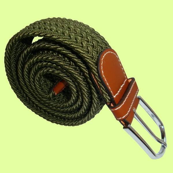 Plain Elasticated Woven Belt - Silver Toned Buckle - Khaki Green