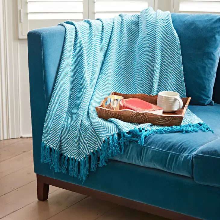 New Bright Turquoise - Recycled Cotton - Woven Chevron Throw/Blanket