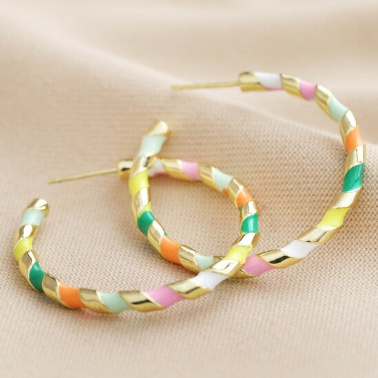Multicolour Enamel Rope Hoop Earrings in Gold