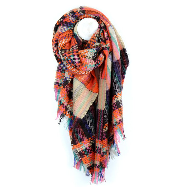 TWO LEFT!! WAS £20 NOW £11.95 - Orange Mix Woven Check Fringe Scarf