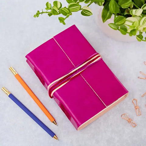 Coloured Leather Journal - Leather String Bound Notebook - Cerise