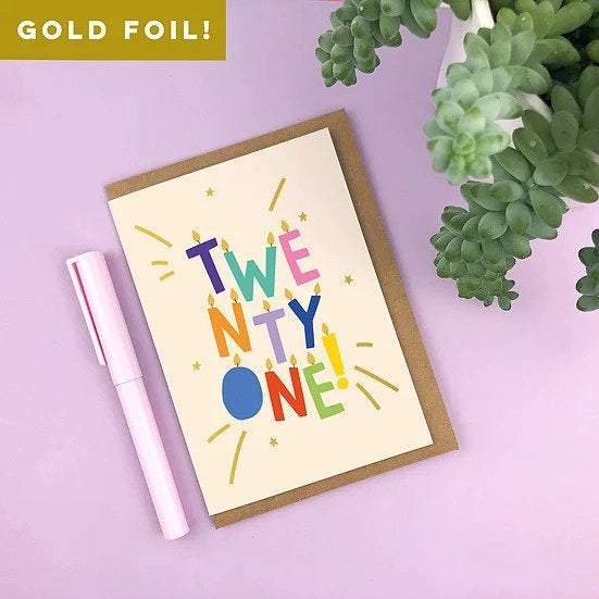 Gold Foiled 'twenty One!' Letter Candles 21st Birthday Card