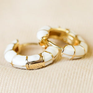 White Geometric Enamel Hoop Earrings in Gold