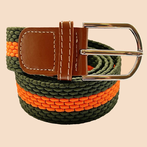Horizontal Stripe Woven Elasticated Belt - Green and Orange