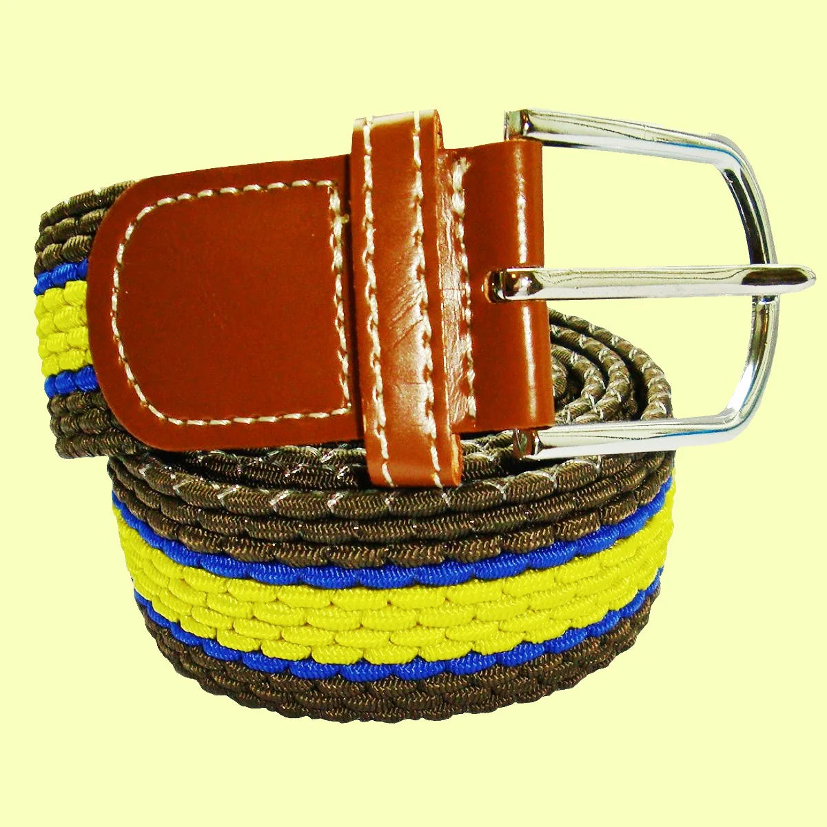 Horizontal Stripe Woven Elasticated Belt - Green, Yellow and Blue