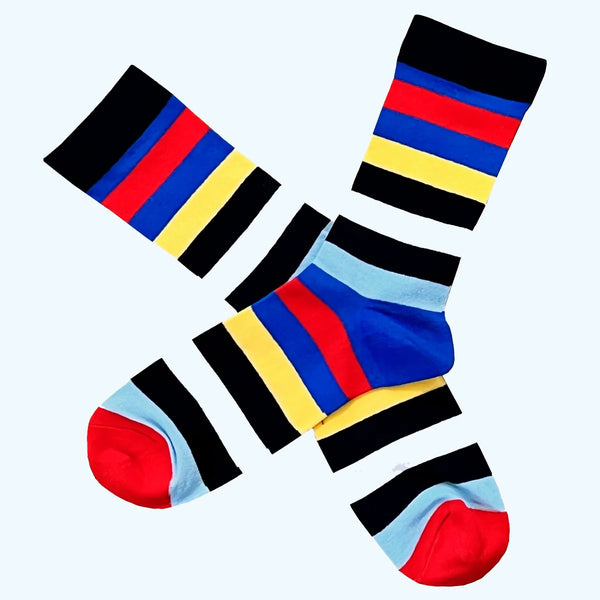 Men's Multi Coloured Stripe Socks - Red, White, Black, Yellow, Blue and Light Blue