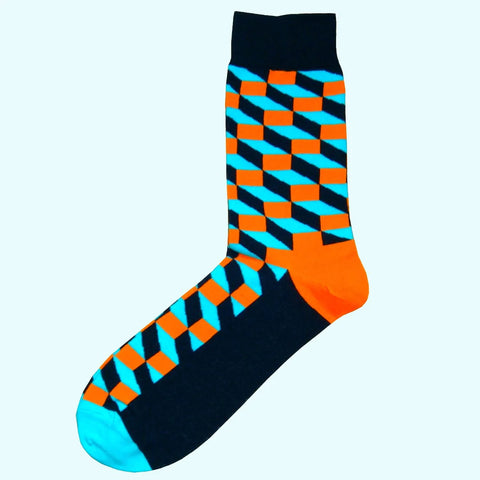 Men's Opitical Check Blue, Orange and Black Cotton Socks