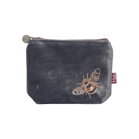 Embroidered Bee Velvet Mini Purse - Grey