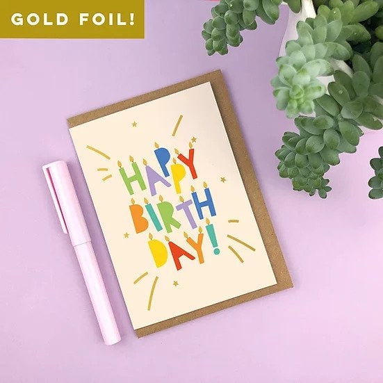 Gold Foiled 'Happy Birthday!' Candle Letters Birthday Card