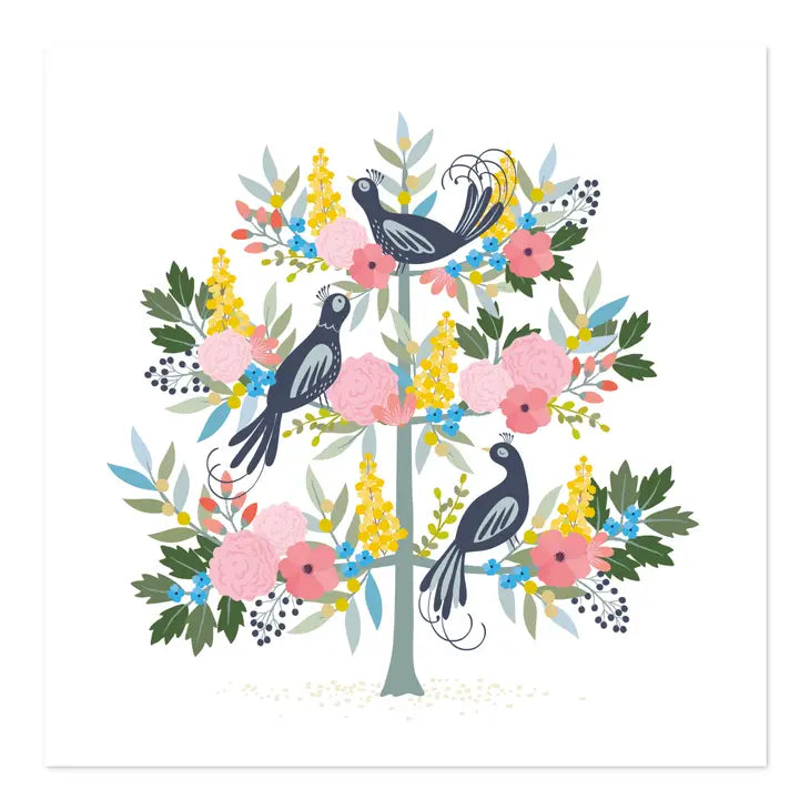 Blank Greetings Card | Art Card with Floral Tree and Birds