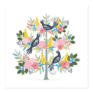Blank Greetings Card | Art Card with Floral Tree and Birds
