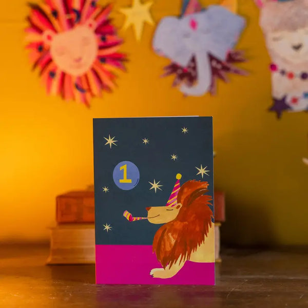 Age 1 Party Lion Birthday Greetings Card