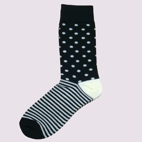 Men's Small Spot Striped Socks with contrasting Heel and Toes - Black and White