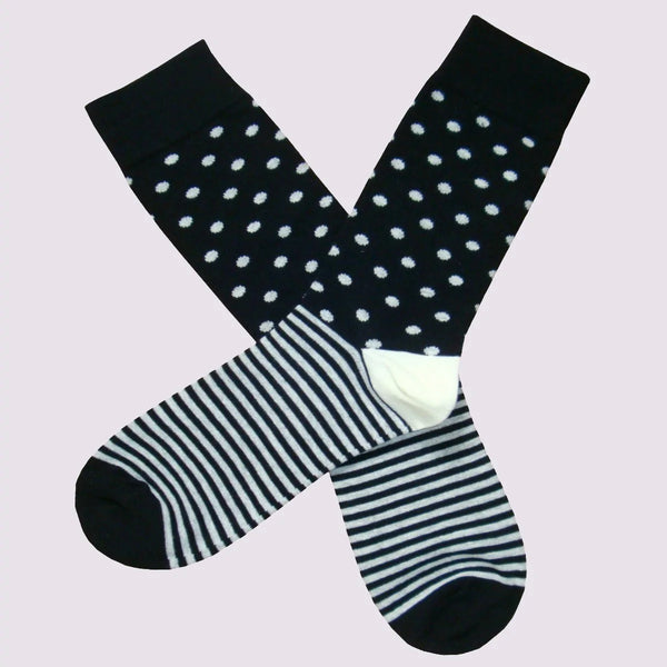 Men's Small Spot Striped Socks with contrasting Heel and Toes - Black and White